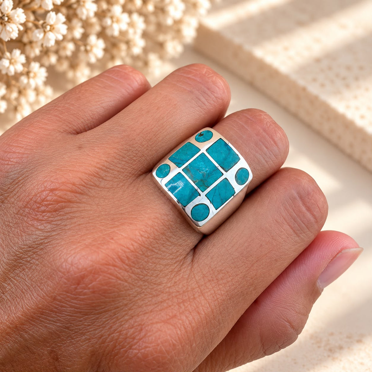Natural Peruvian Turquoise Geometric Ring in 950 Silver