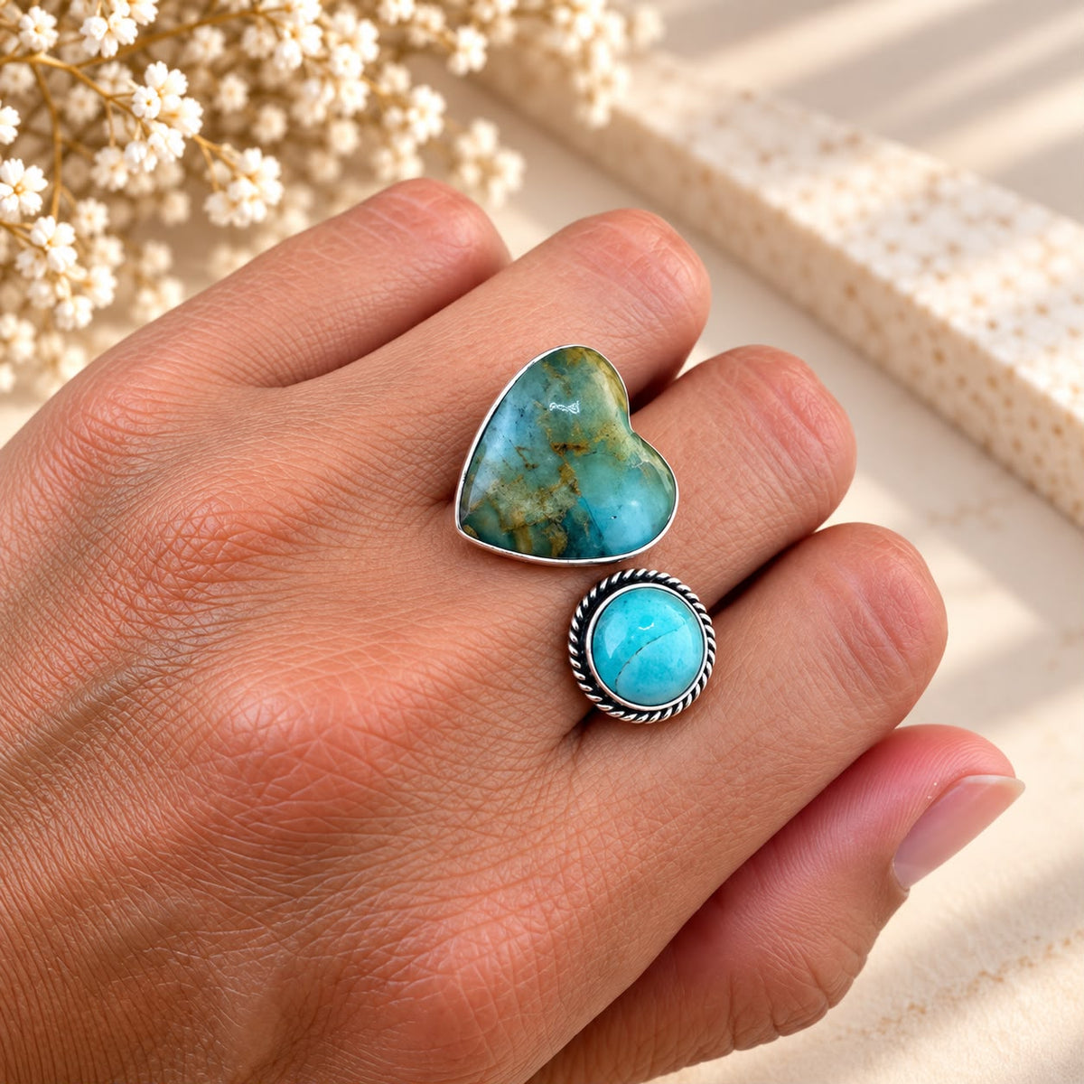 Natural Andean Opal and Amazonite Ring in 950 Silver