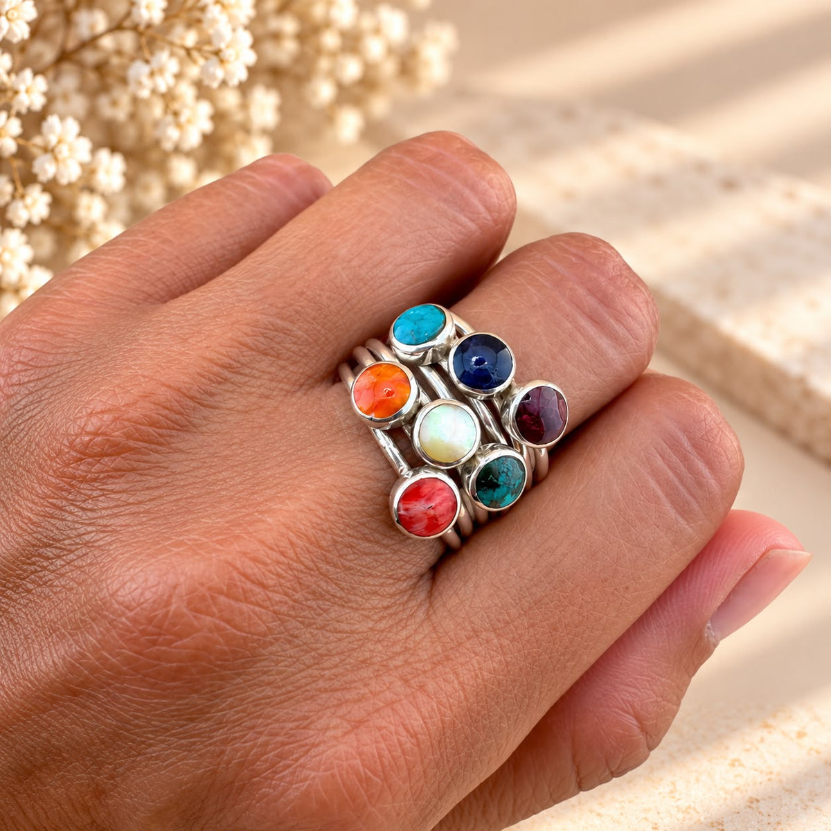 7-in-1 Natural Stone Movable Ring in 950 Silver