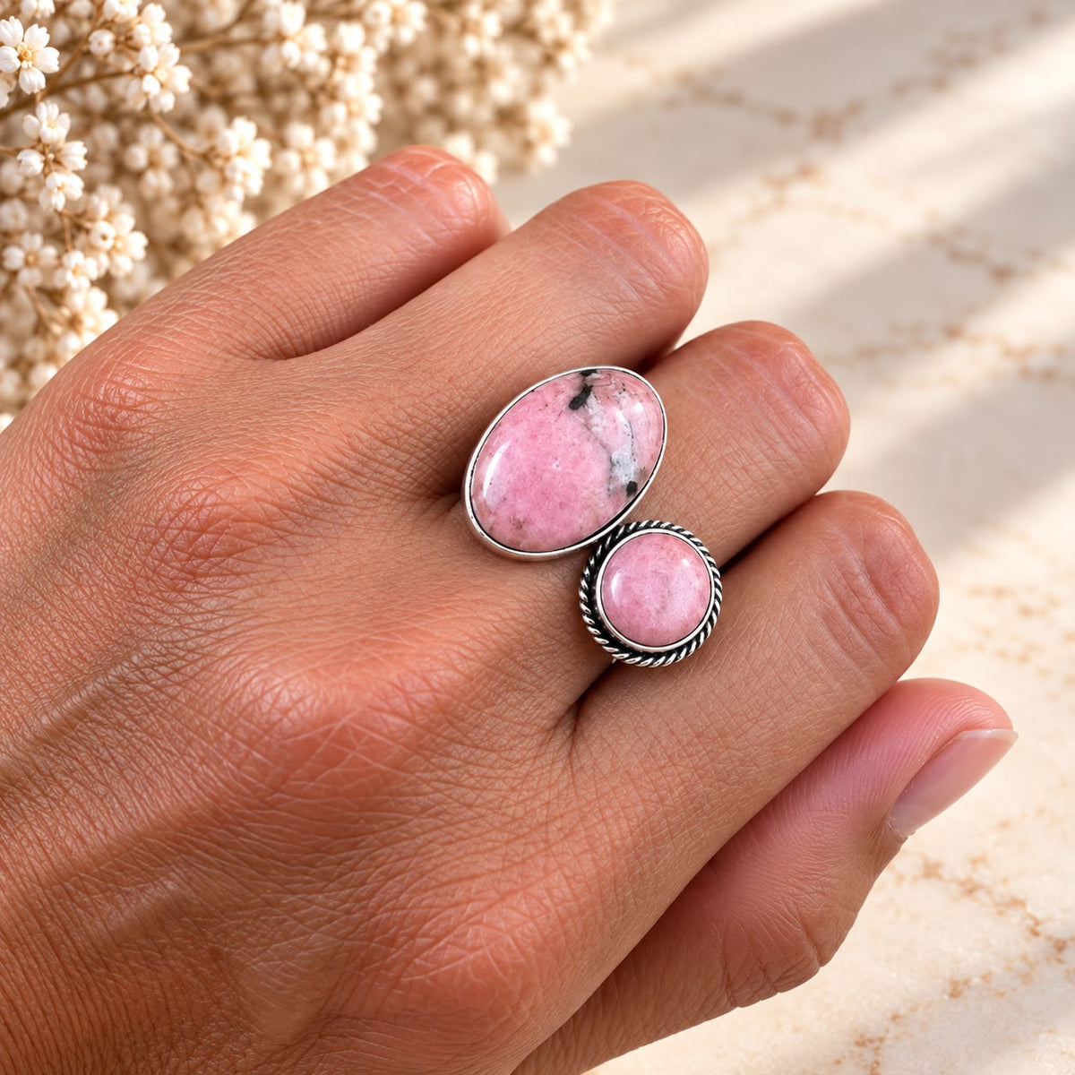 Natural Rhodonite Ring in 950 Silver