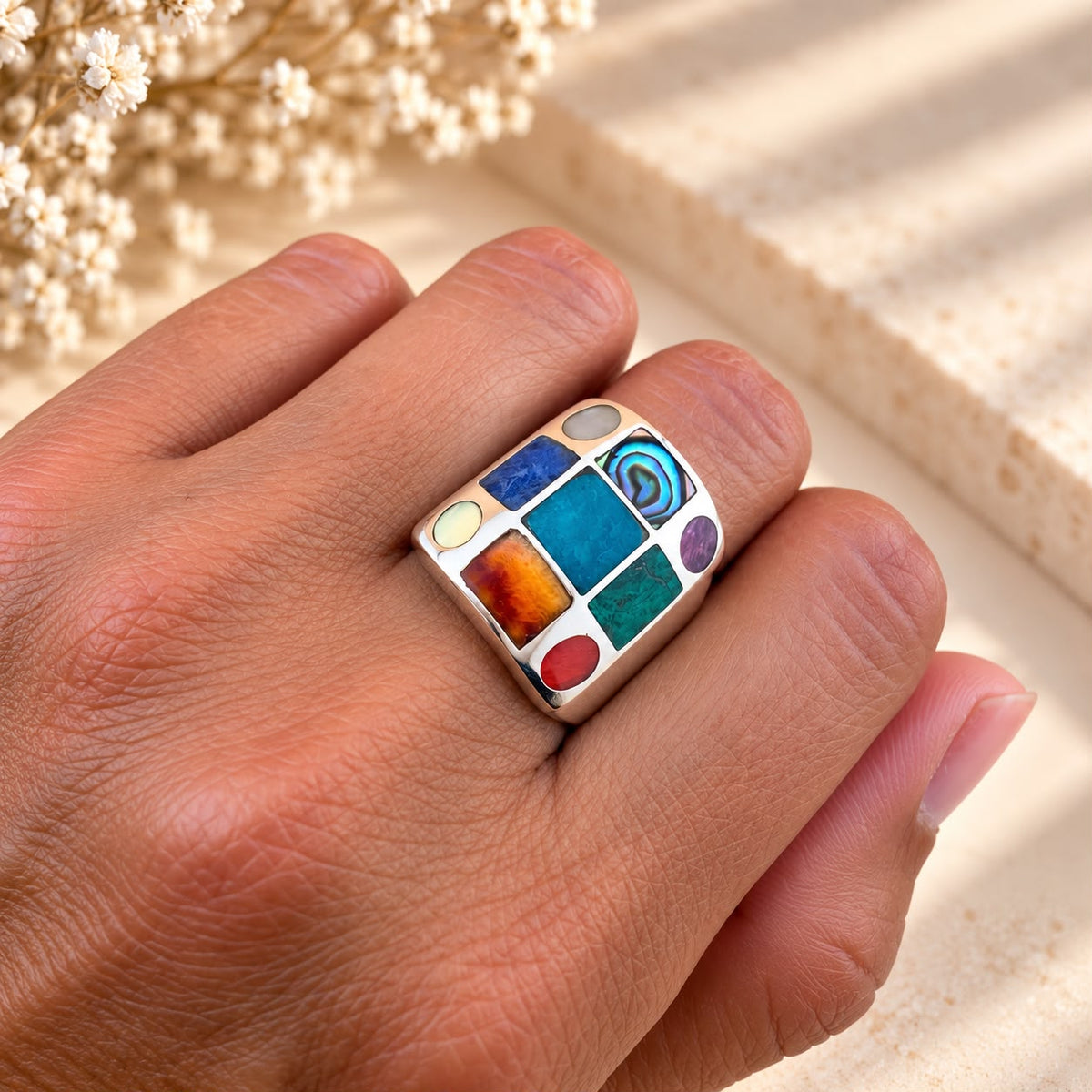 Natural Multistone Ring in 950 Silver